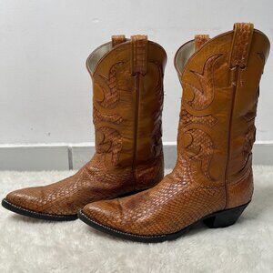 Larry Mahan Men's Tan Snake Print Leather Point Toe Slip On Boots Size 8